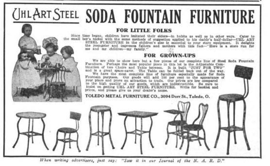 original c. 1910 antique american industrial "uhl art steel" cold-rolled steel stationary soda fountain stool with solid oak wood seat