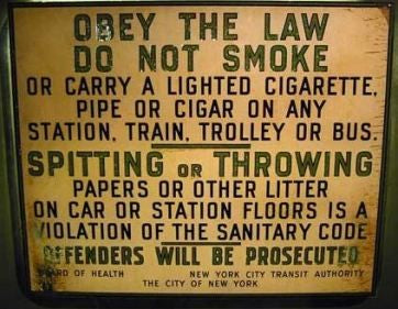c. 1930's original american industrial single-sided heavy gauge steel black and white porcelain enameled "no smoking" new york city subway sign