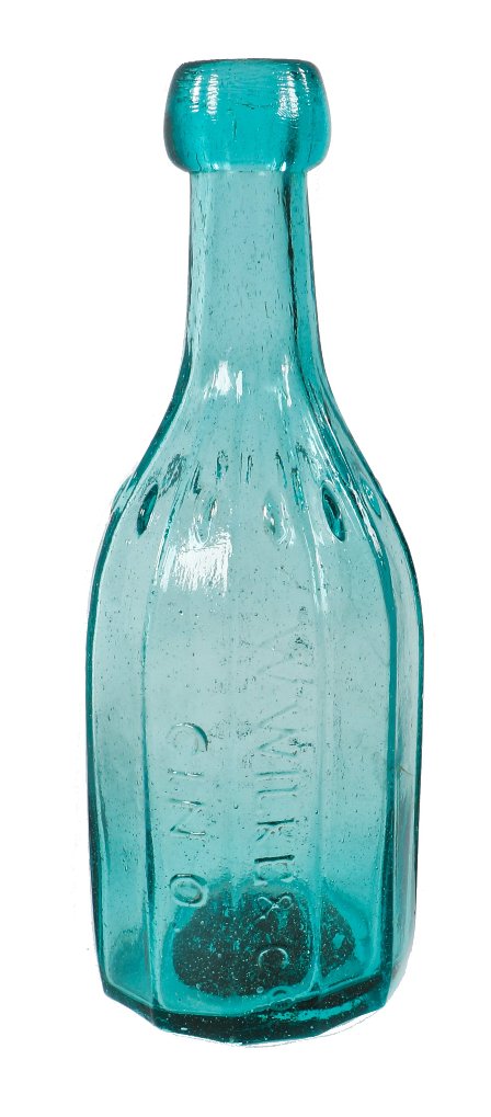 very rare and hard to find mid-nineteenth century aqua ten sided w. wilke & company soda bottle with iron pontiled base and applied blob top