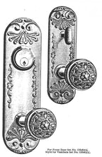 c. 1904 original interior residential ornamental wrought brass "mura" pattern banded rim doorknob with matching single keyhole escutcheon or backplate