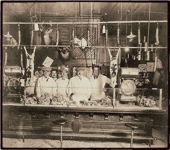 early 20th century american antique industrial beef cattle or swine reinforced maple wood butcher-block table