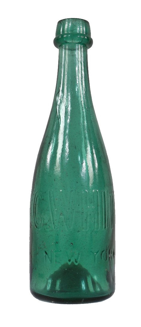 hard to find original mid-nineteenth century emerald green colored "teepee" shaped privy dug c. whittemore soda or mineral water bottle with deeply recessed iron-pontiled base