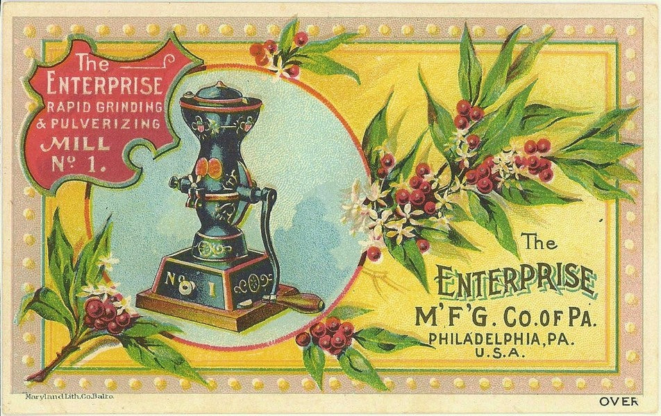 late 19th or early 20th century antique american "enterprise" coffee grinder mill freestanding ornamental cast iron base with old red paint finish