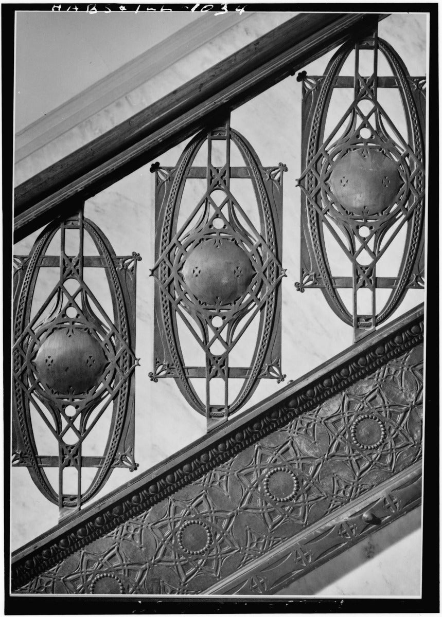 museum-quality 1893 original louis h. sullivan-designed ornamental copper-plated cast iron chicago stock exchange angled staircase baluster