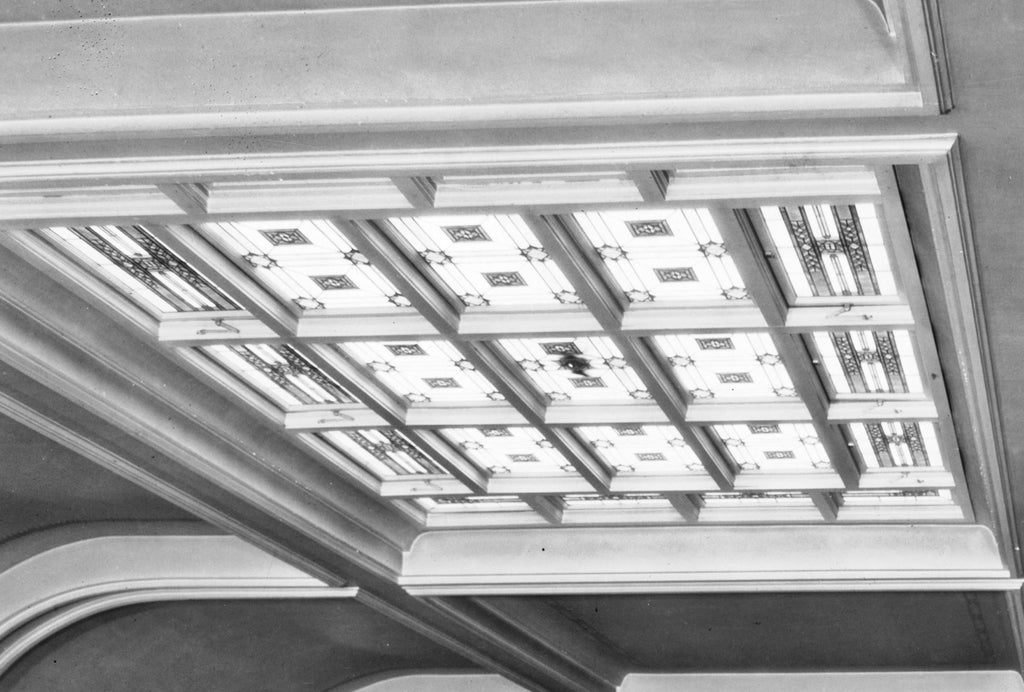 richly colored early 20th century prairie school style leaded art glass logan square masonic temple "american hall" interior skylight