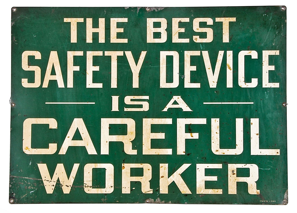 c. 1940's original oversized single-sized american industrial "careful worker" die cut steel enameled safety factory sign