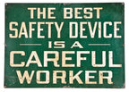 c. 1940's original oversized single-sized american industrial "careful worker" die cut steel enameled safety factory sign