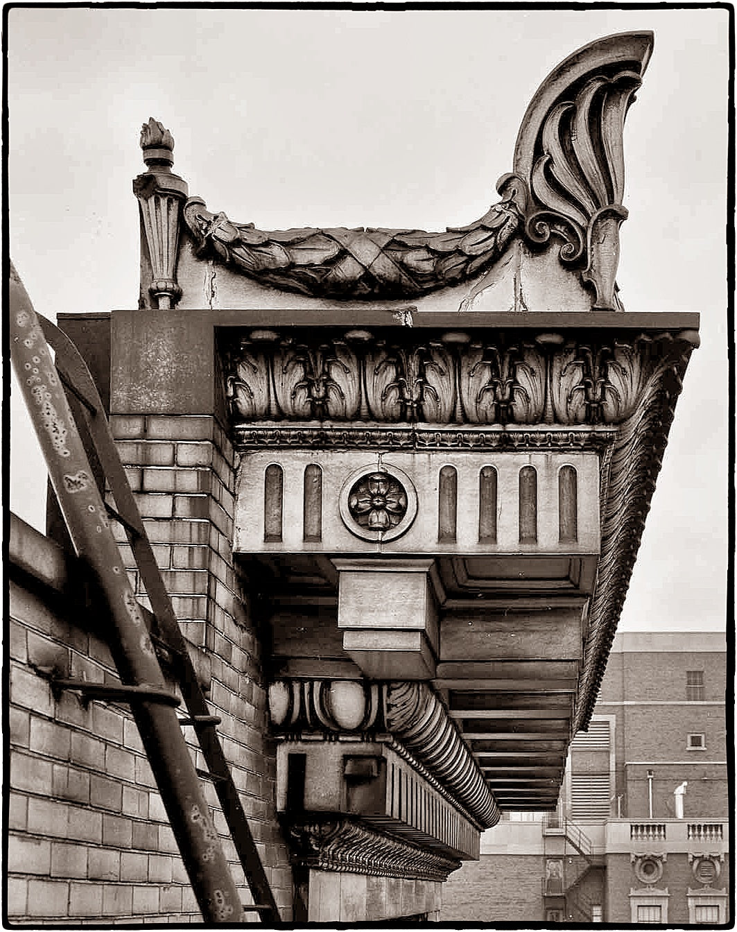 original c. 1899 copper-plated cast iron cable building interior lobby elevator "down" signal lantern with acanthus leaf motif