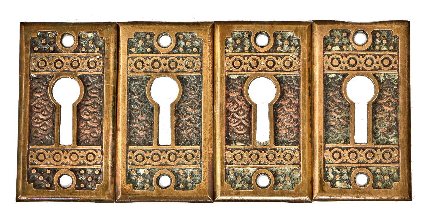 all original 19th century antique american eastlake style interior residential passage door "brocade" pattern ornamental cast brass keyhole escutcheons