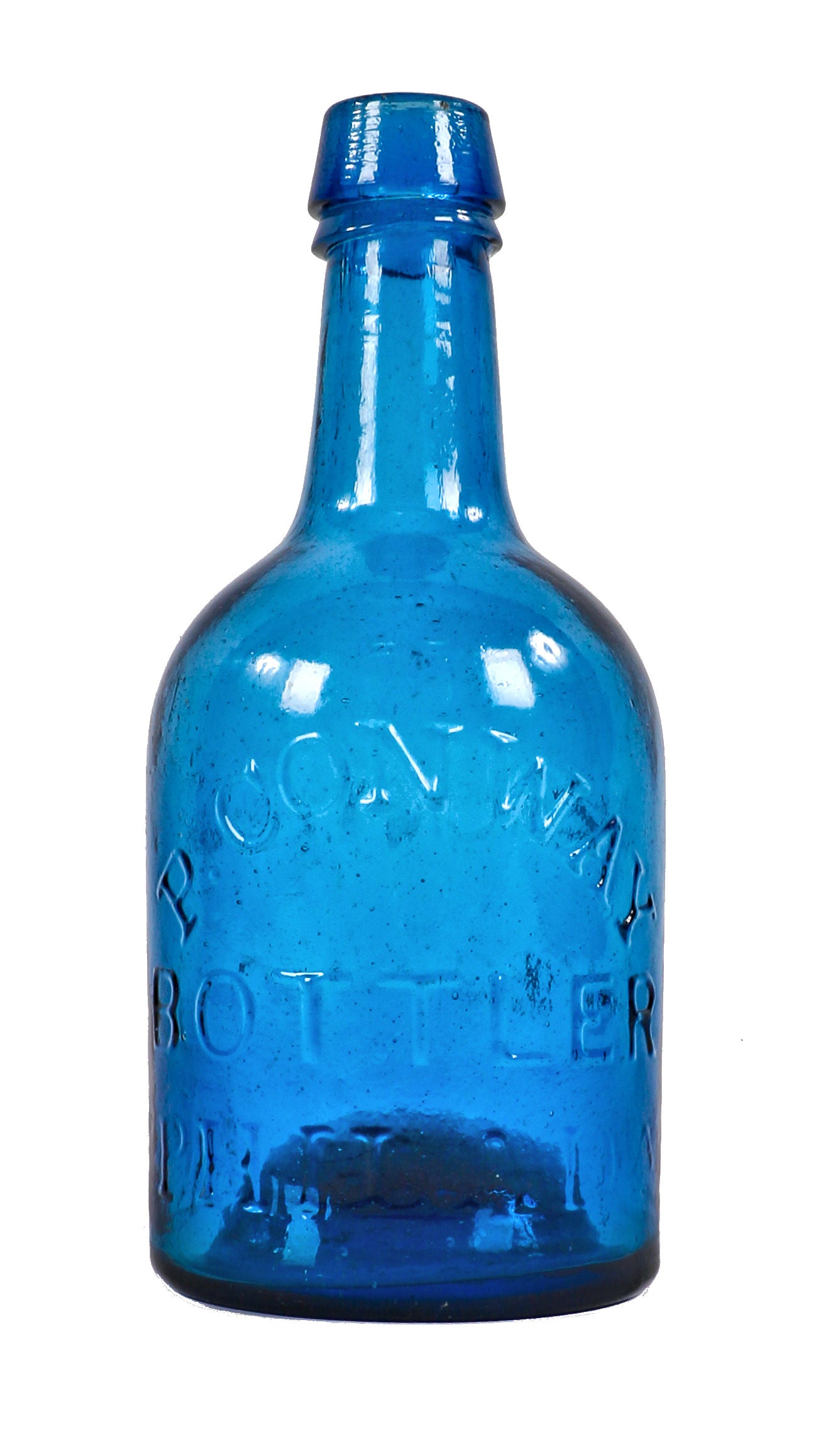 hard to find all original c.1850's antique american porter style cobalt blue glass iron pontiled glass soda bottle fabricated for patrick conway
