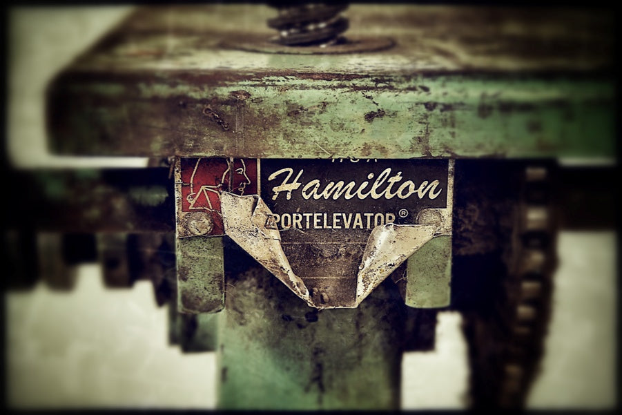 original c. 1940's american industrial "factory green" robust "portelevator" mobile die cart with original hand crank