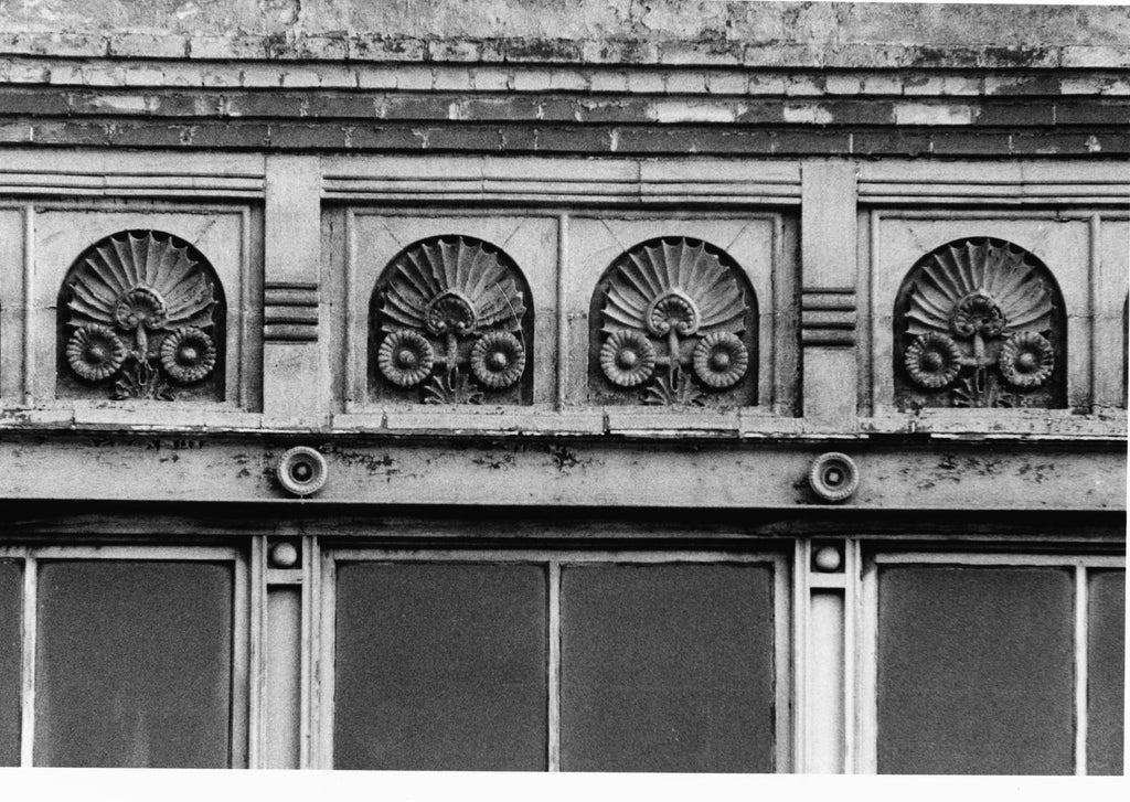 all original museum quality c. 1884 louis h. sullivan-designed exterior scoville building red slip glazed terra cotta lunette with segmented surround and deep undercuts