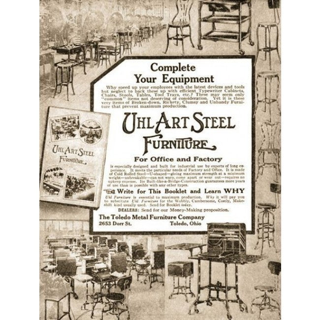 refinished fully adjustable american vintage industrial "uhl art steel" pressed and folded brushed metal four-legged stool with maple wood saddle seat and backrest
