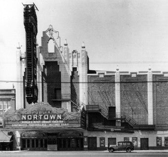 single depression era antique american art deco c. 1931 "marbleized" exterior glazed nortown theater terra cotta building facade endcap with diamond motif