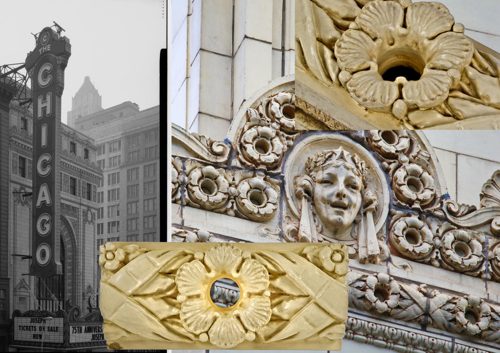 all original and intact "old ivory" glazed exterior historically important chicago theater terra cotta panels with centrally located opening for light bulb