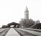 very distinct and highly detailed american 19th century northwestern railway "lake front" depot building exterior red terra cotta grotesque corbel