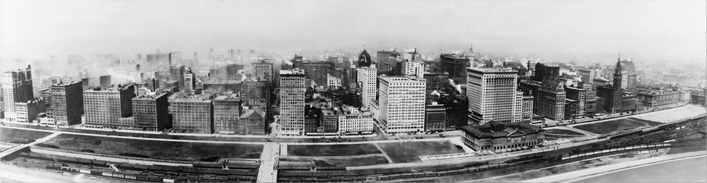 very rare early 20th century framed lithographic print depicting a panoramic view of notable chicago buildings along the historic michigan avenue district