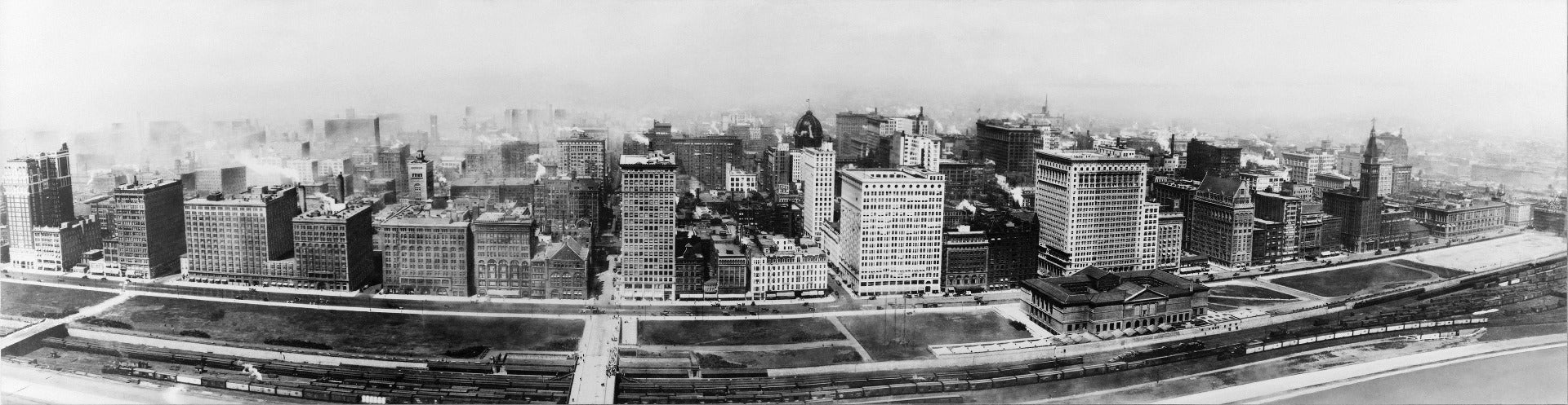 very rare early 20th century framed lithographic print depicting a panoramic view of notable chicago buildings along the historic michigan avenue district
