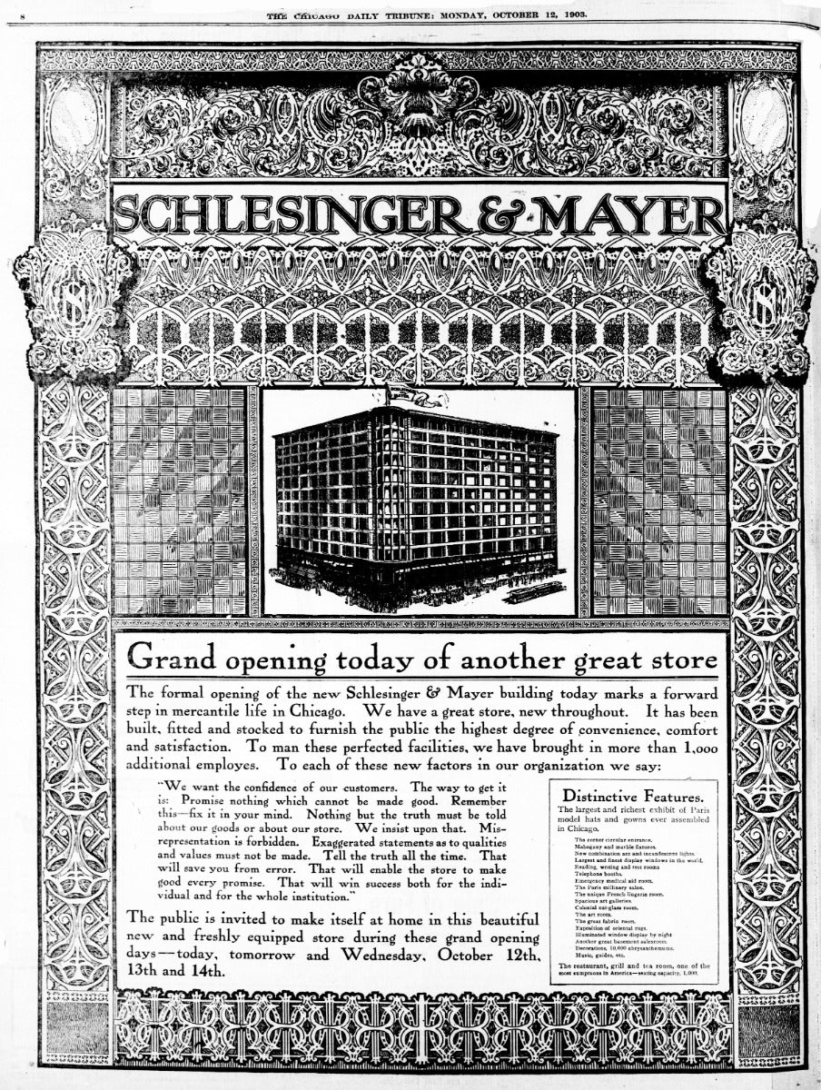 unique 1950s hexagonal-shaped vintage carson, pirie, scott hatbox featuring building's northwest entrance