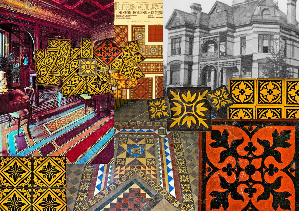 six diminutive original and intact 19th century interior david c. cook mansion "stoke on trent" glazed minton floor tiles featuring a visually striking design