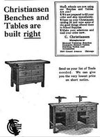 c. 1910-20 refinished antique american industrial four-legged maple wood christiansen workshop carpenter's bench with single pull-out drawer and deeply recessed tool tray