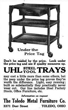 early 1930's antique american industrial freestanding pressed and formed steel stationary "uhl art steel" tool stand with riveted joint reinforced corner guards