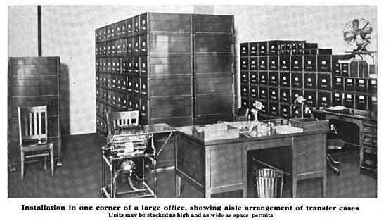extremely rigid and all-welded joint late 1920's four stackable "l.b." cold-rolled steel filing cabinet units with brushed metal finish