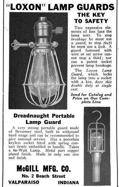 c. 1910-15 original and intact american industrial portable hangable "trouble light" with nicely weathered and finely turned maple wood handle