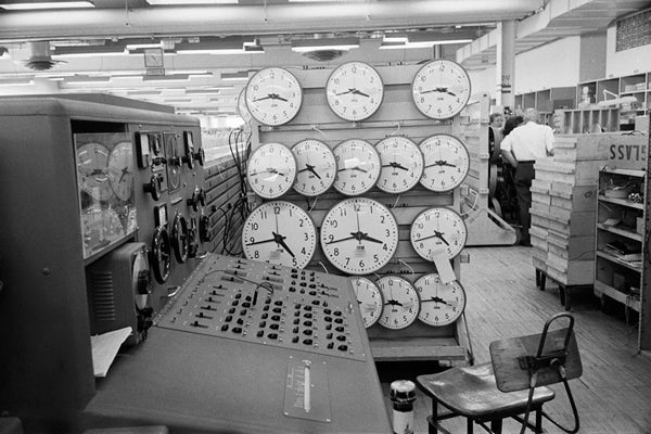 original and fully functional hard to find double-sided c. 1960's factory office "simplex" electric analog clock with durable aluminum case