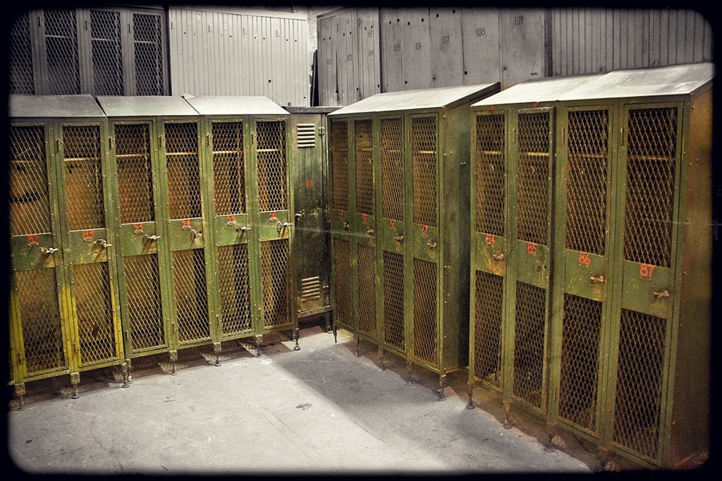 rare c. 1912 original and intact "expanded metal type" steam engine assembly plant three-unit freestanding locker