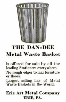 unusual oversized c. 1920's american antique industrial factory office "dandee" slotted cold-rolled steel trash or waste can with rolled rim