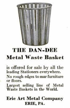 hard to find early 20th century american industrial "dan-dee" copper-plated perforated cold rolled steel factory office waste or trash can