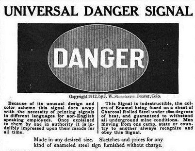 nicely worn and weathered c. 1930's original single-sided "high voltage" steel mill porcelain enameled danger sign with skull and crossbones