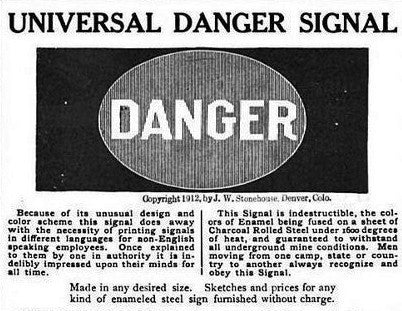single-sided heavy gauge steel c. 1940's american industrial danger or cautionary "no thoroughfare" finkl foundry sign with bold black lettering