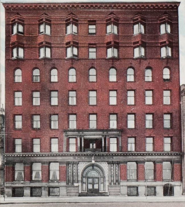 john m. van osdel ii-designed original red slip terra cotta ywca building facade exterior keystone