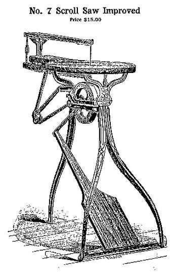 repurposed late 19th century three-legged cast iron foot-powered scroll saw machine base with original birch wood tabletop