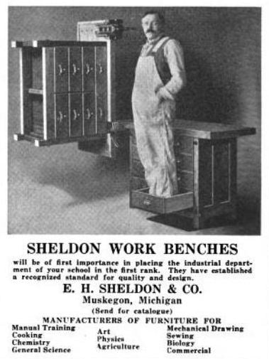 rarely found  c. 1920's vintage american industrial varnished birch wood domestic science laboratory table with original swing-out stools