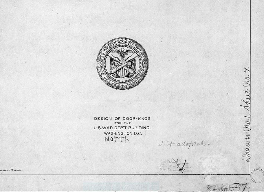 historically important oversized 1870's emblematic united states department of war interior office door cast bronze doorknob