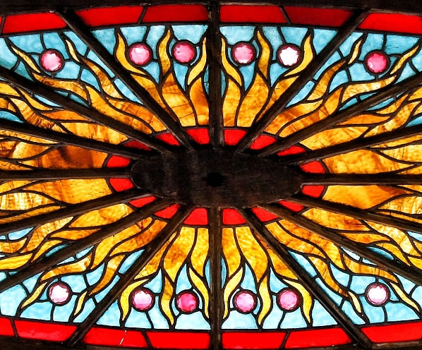 stunning museum quality 19th century american victorian chicago mansion elongated oval-shaped stained glass skylight with faceted jewels