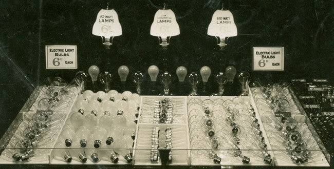 late 1920's original and largely intact oversized mazda brand shopfront hand-painted paper mache incandescent light bulb display