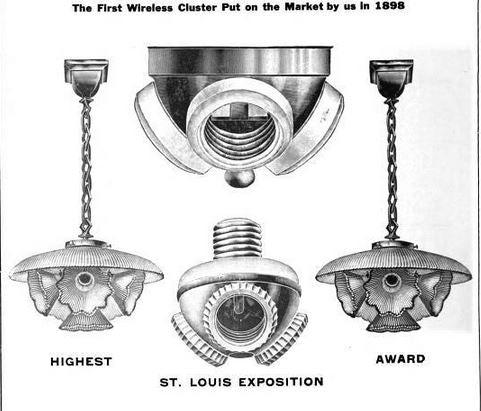 set of original early american industrial electric double lamp patented "benjamin" socket clusters with standard edison screw base plugs
