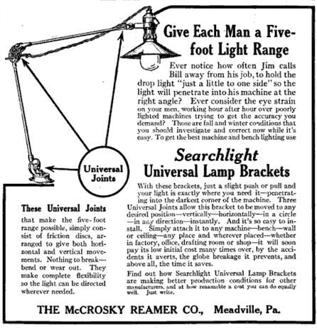 all original and hard to find c. 1912-17 american industrial "searchlight" mccrosky triple-jointed machinist task lamp with tilting reflector