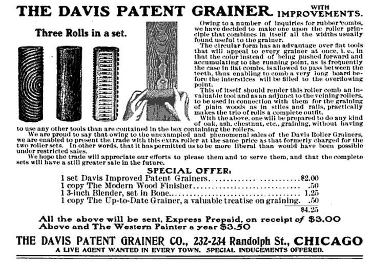 original and complete early 20th century "davis patent" wood grainer kit for faux wood grain finishes applied to woodwork used in oyen's commissions