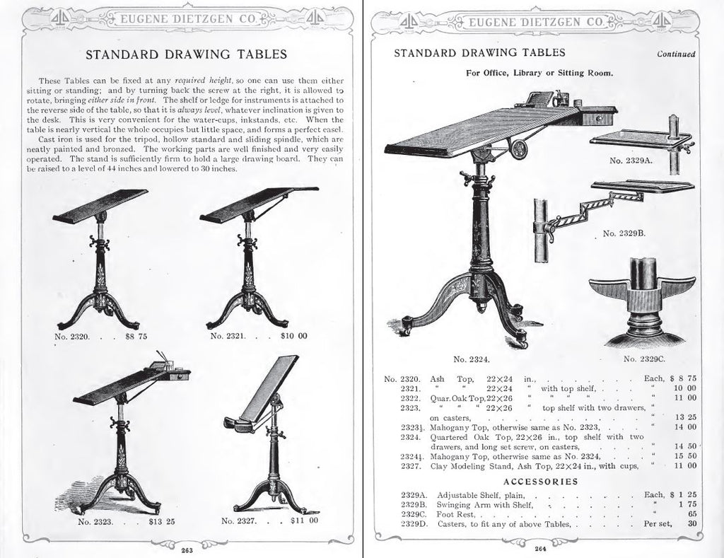fully functional early 20th century "no. 2323" adjustable height stationary three-legged cast iron drafting table with desirable ledge or shelf or instruments