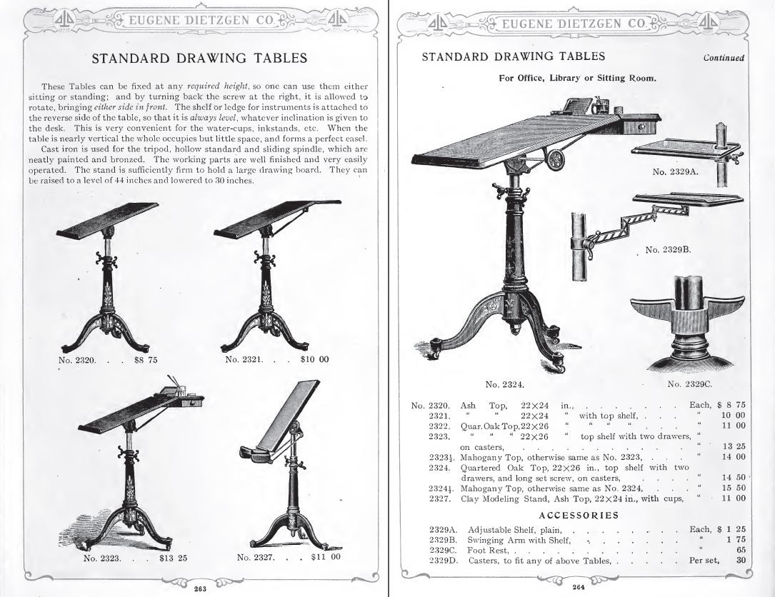 fully functional early 20th century "no. 2323" adjustable height stationary three-legged cast iron drafting table with desirable ledge or shelf or instruments