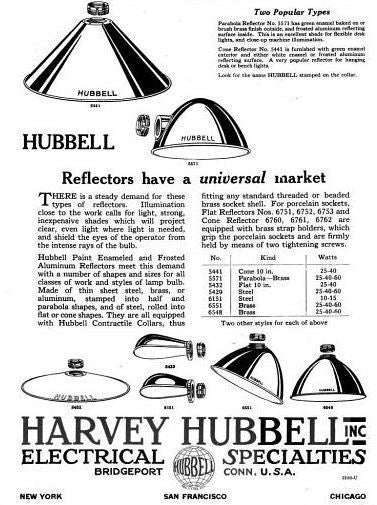 two matching original c. 1930's american industrial "angled type" green porcelain enameled cold-rolled steel hubbell replacement service station reflectors or shades