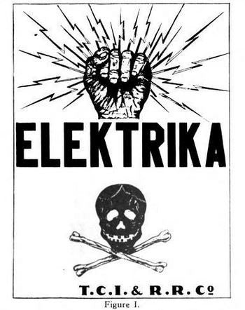 visually striking c. 1940's original and vibrantly colored single-sided stamped steel "low voltage" cautionary or danger sign with skull & crossbones