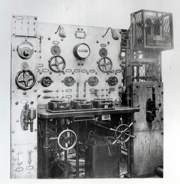 museum quality original and completely intact type d "generator 1" beveled and etched glass encased sangamo watthour meter from commercial building switchboard