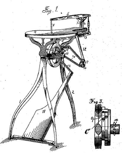 repurposed late 19th century three-legged cast iron foot-powered scroll saw machine base with original birch wood tabletop