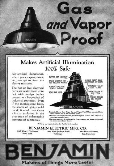 original c. 1930's american steam gauge factory "explosion proof" benjamin green porcelain enameled pendant light with screw-threaded globe